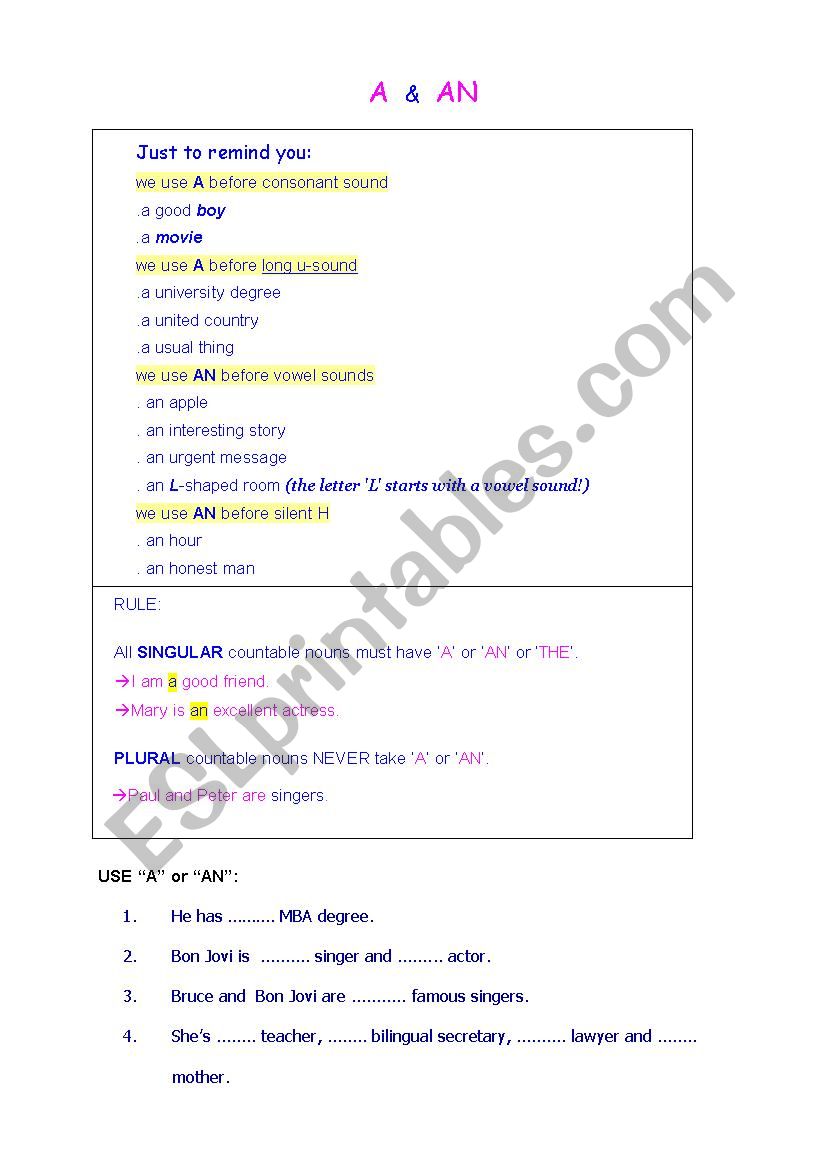 A or AN ??? worksheet