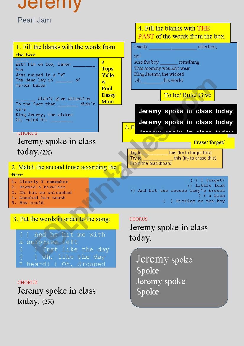 The song Jeremy to bullying worksheet