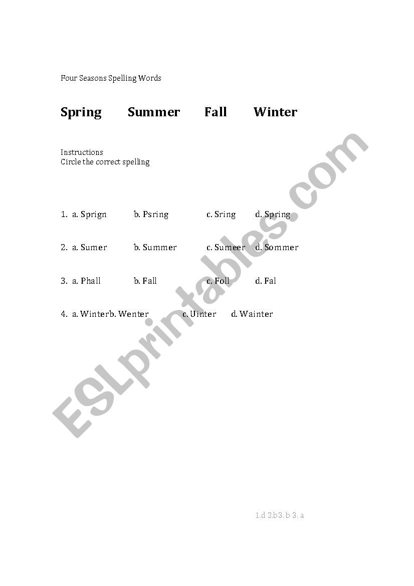 Four Season Spelling Words worksheet