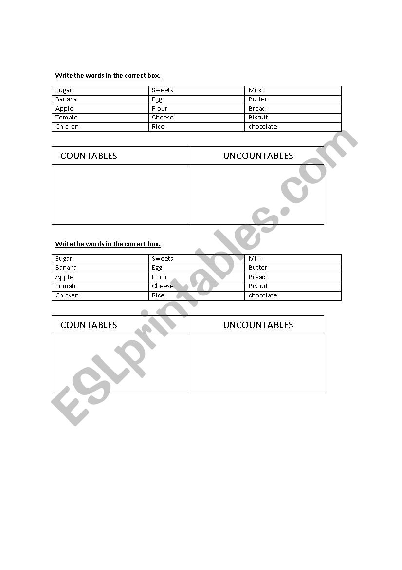 Countables Uncountables worksheet