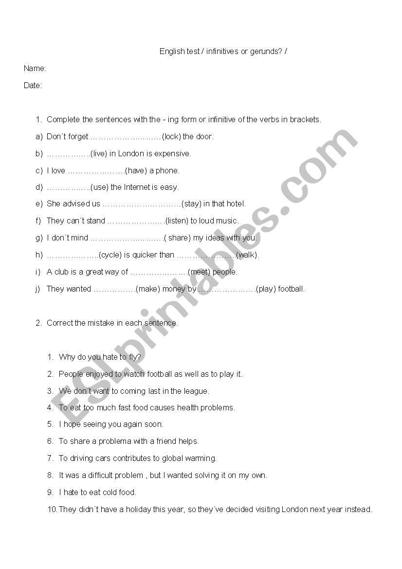 Infinitive and gerunds worksheet