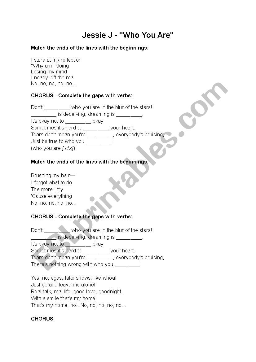 Jessie J Who You Are song worksheet