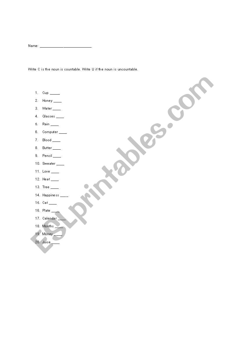 Countable and Uncountable Worksheet