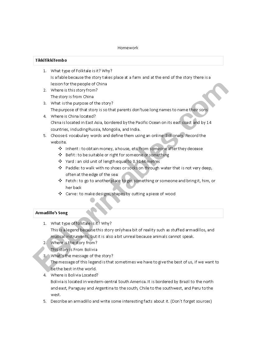 homwork reacig comprehension worksheet