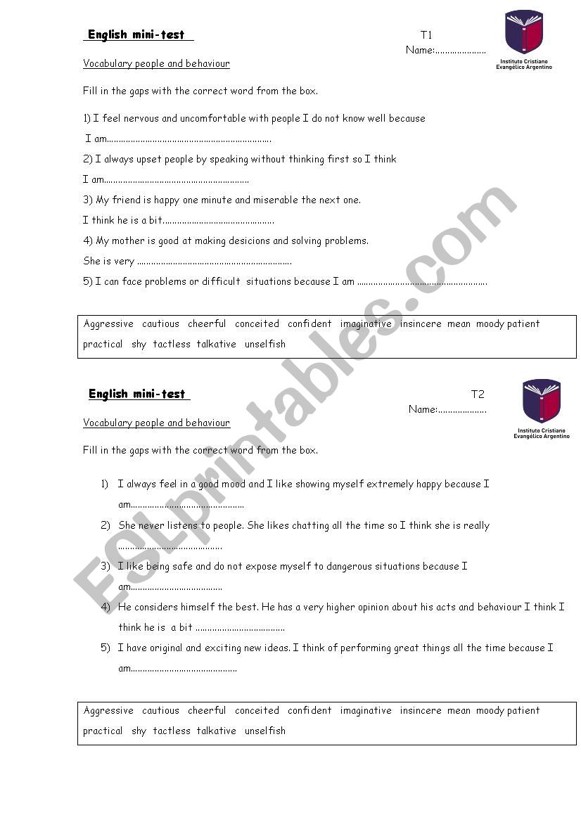 Personality adjectives tests worksheet