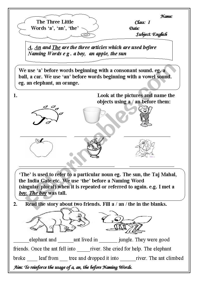 articles worksheet