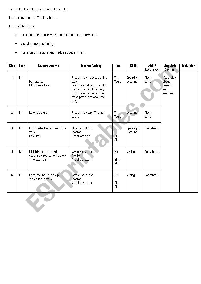 The Lazy Bear. worksheet