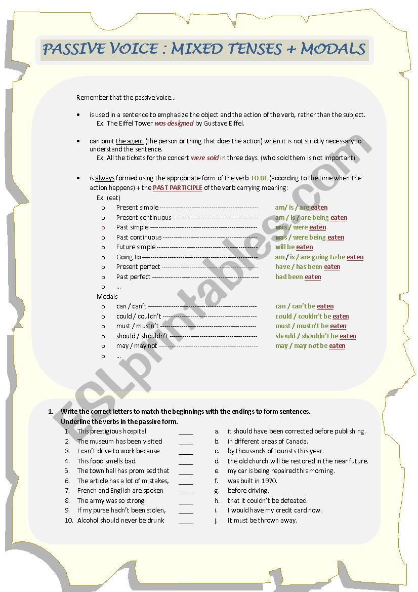 Passive Voice Exercises Mixed Tenses And Modals ESL Worksheet By 