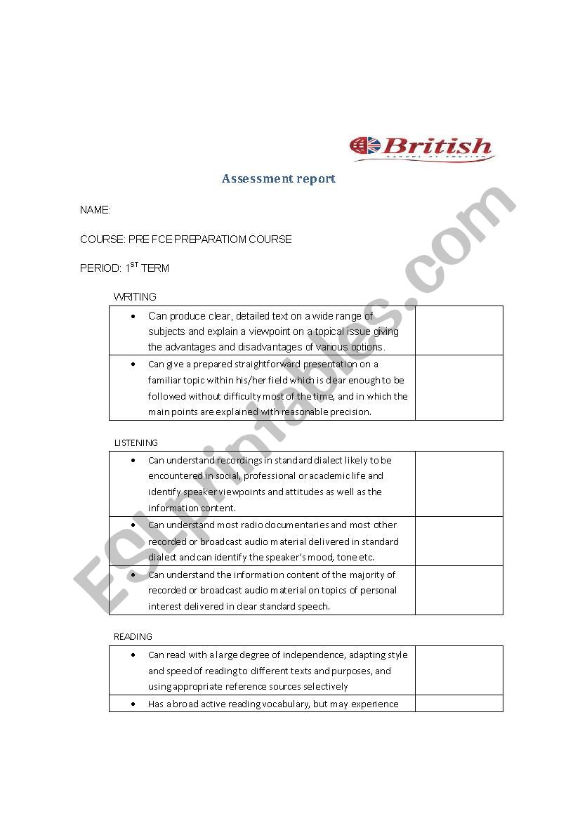 Assesment report FCE sts worksheet