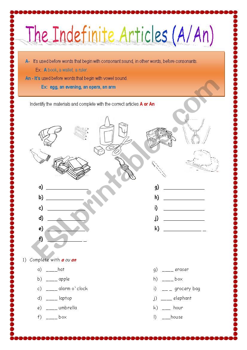 Indefinite Articles ESL Worksheet By Any