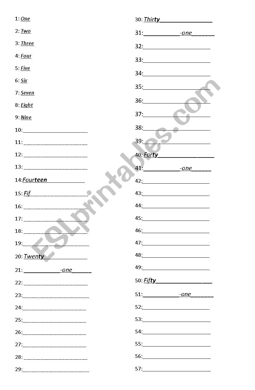 Numbers worksheet