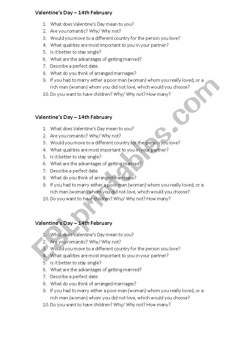 Valentines Day Questions worksheet