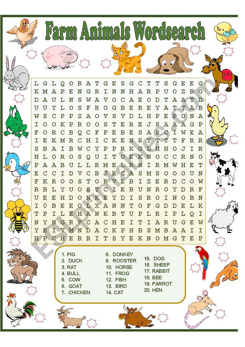 20 Farm Animal Word Search Printable Free Coloring Pages