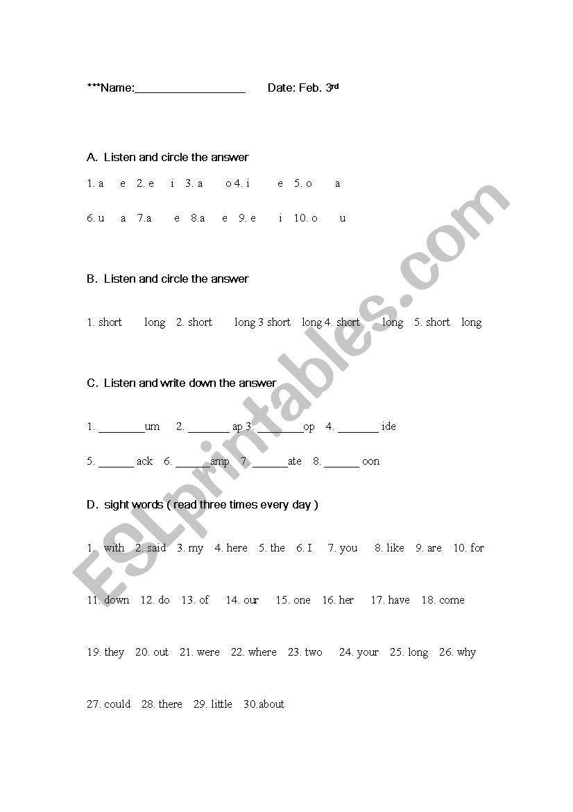 Phonics A worksheet