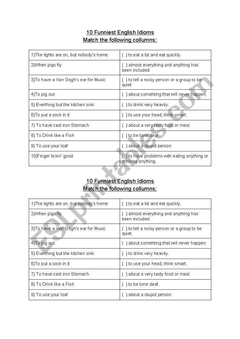 10 funniest english idioms worksheet