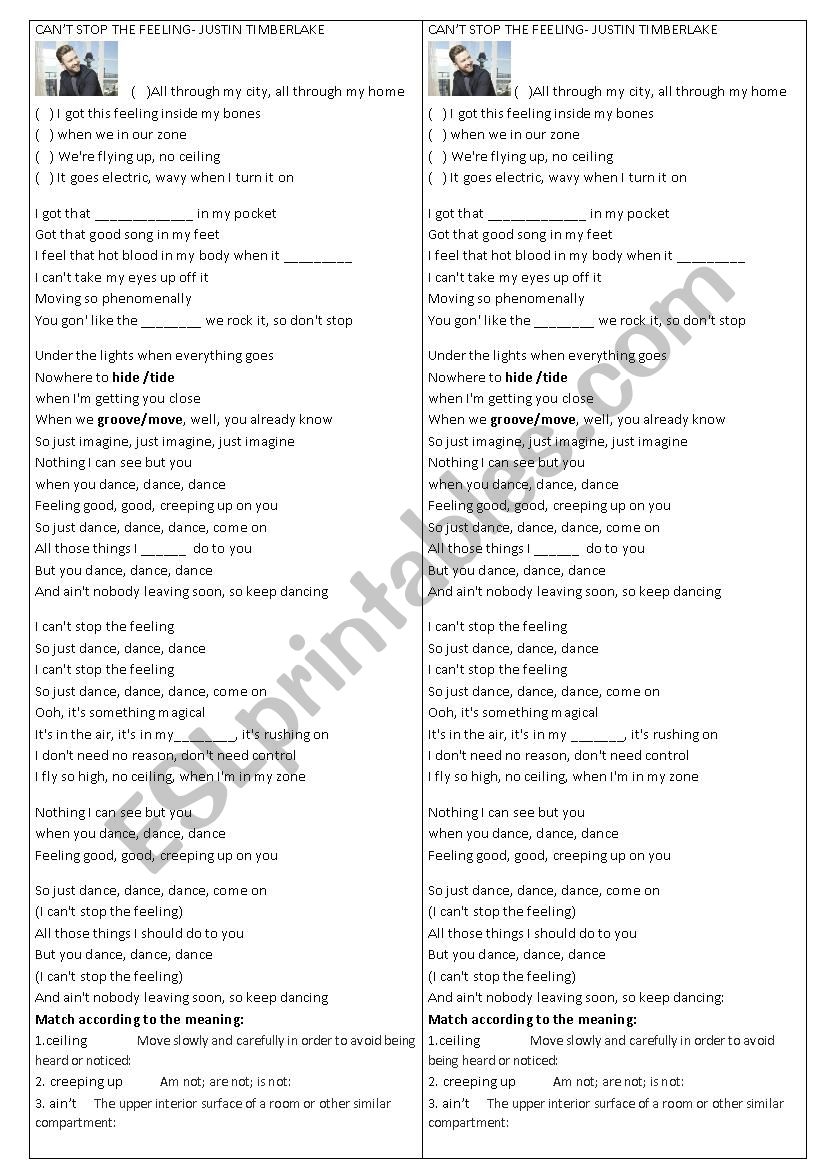 Song Can´t stop the feeling - ESL worksheet by roneibaga