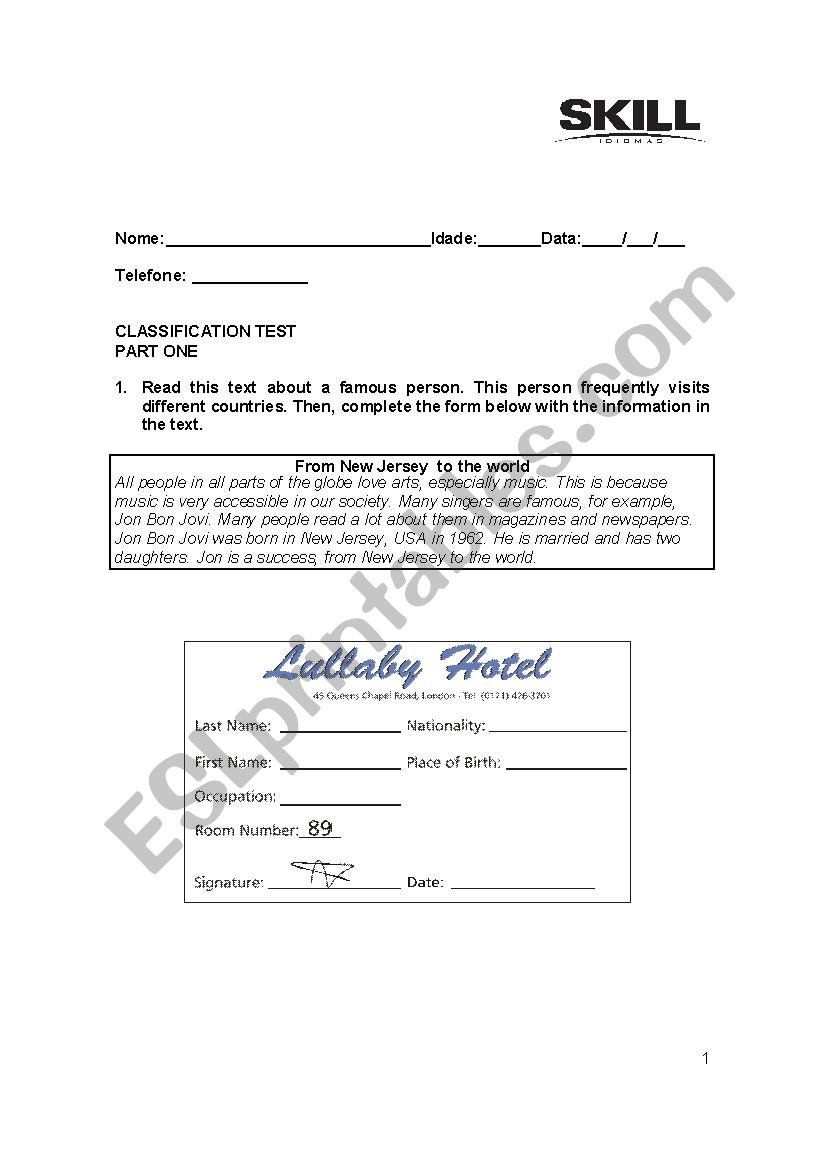 Classification Test - Test new students