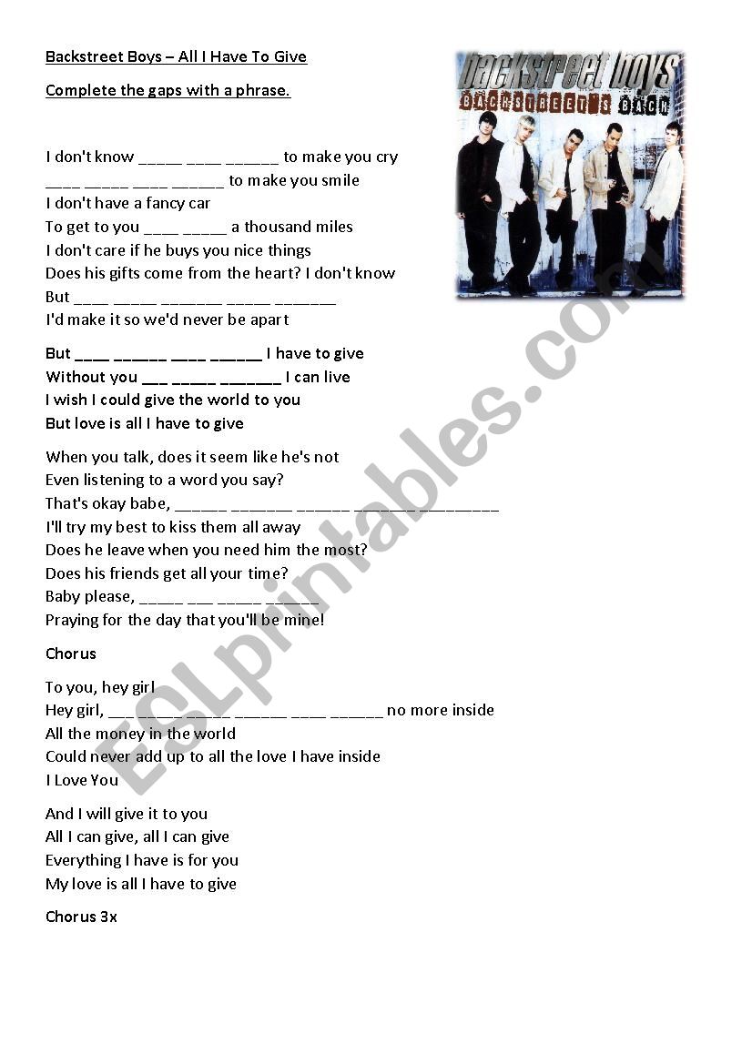 Everybody (Backstreet's Back) by Backstreet Boys - ESL worksheet by  englishteach8