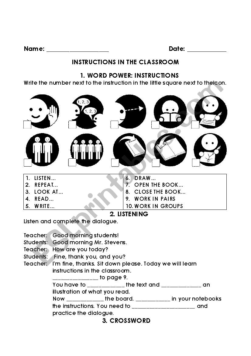 INSTRUCTIONS IN THE CLASSROOM worksheet