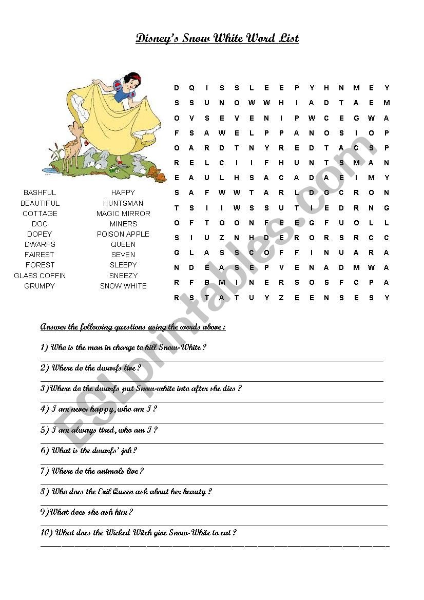 Disney´s Snow White Worksheet Esl Worksheet By Babel3469 