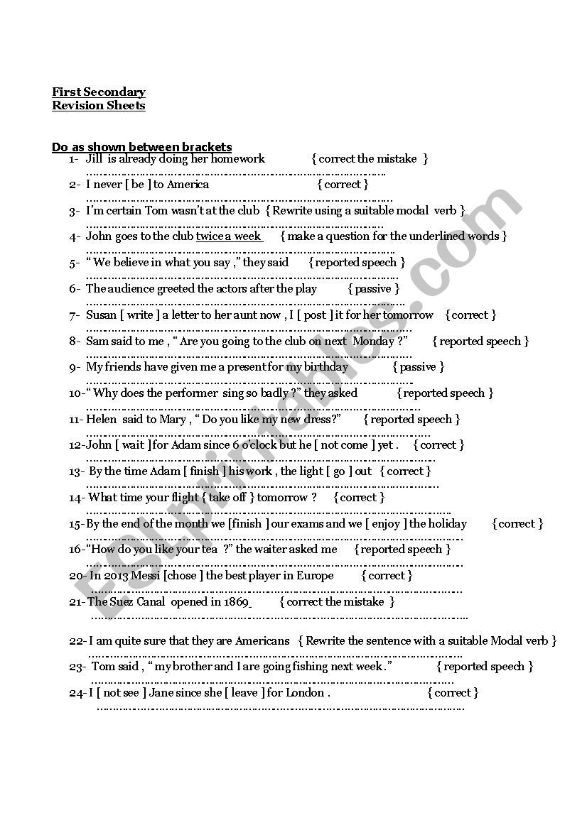 Revision Grammar worksheet