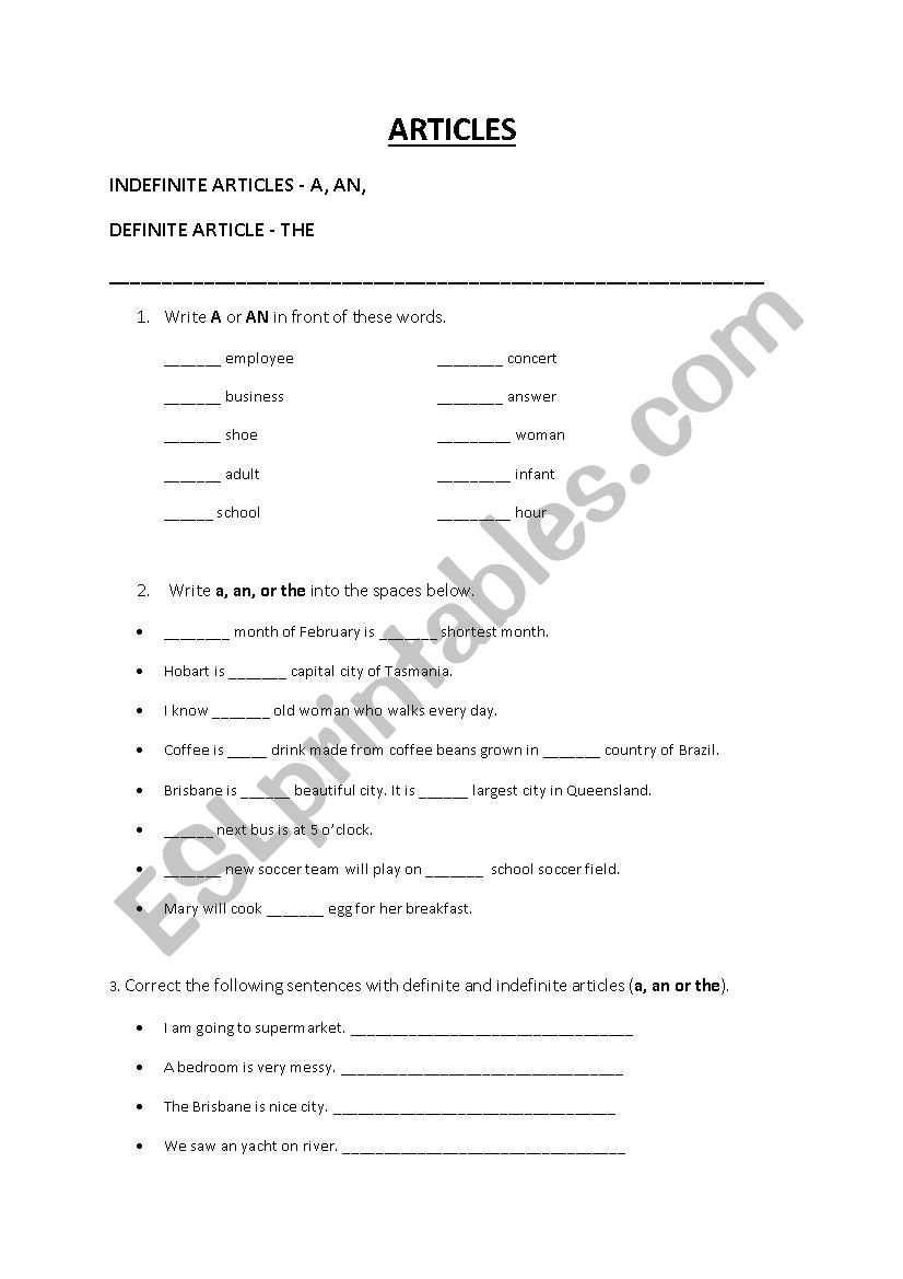 Articles Revision Activity worksheet