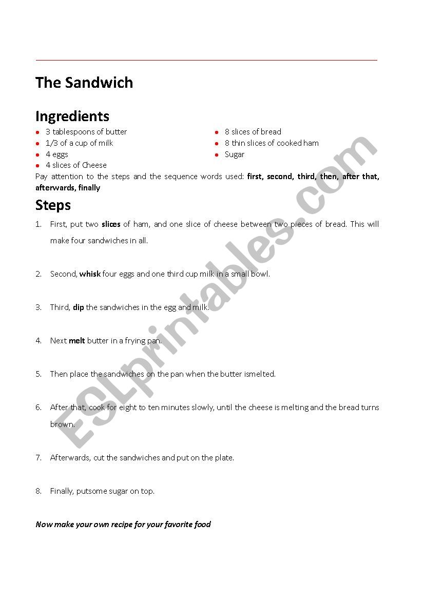 The Sandwich Recipe worksheet