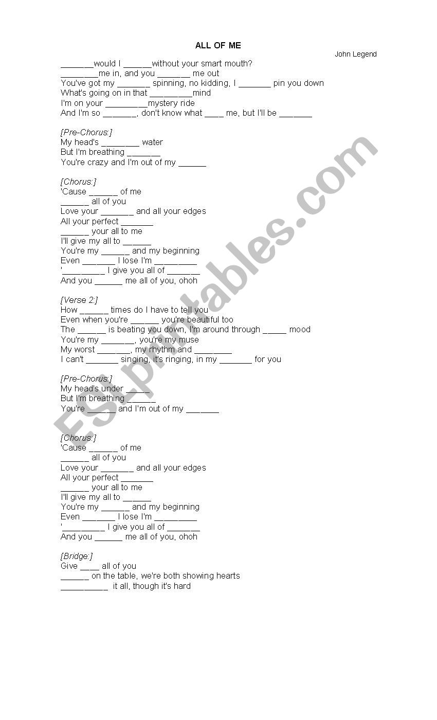 Song: All of Me worksheet