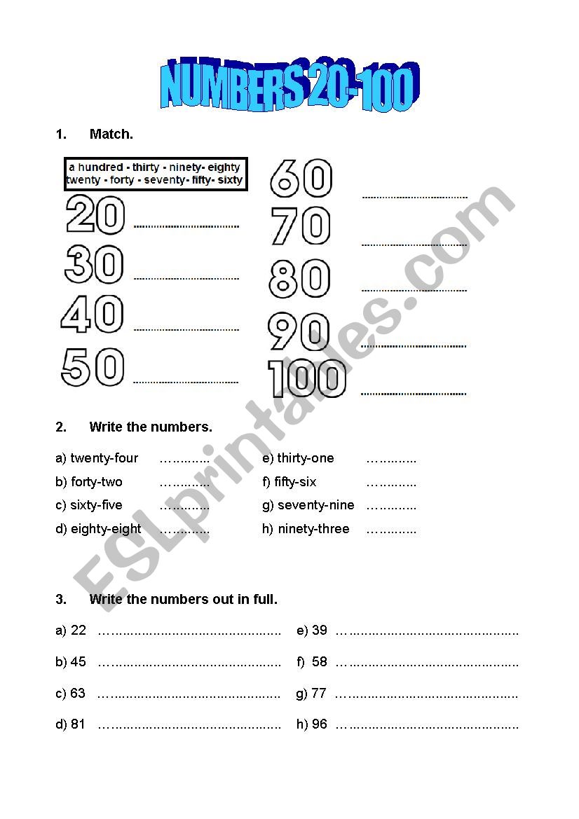 Numbers 20 100 ESL Worksheet By Semaj2