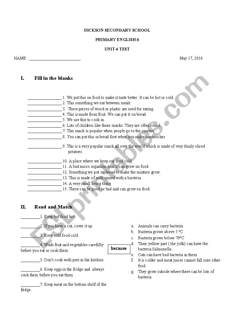Primary English 6 Test worksheet