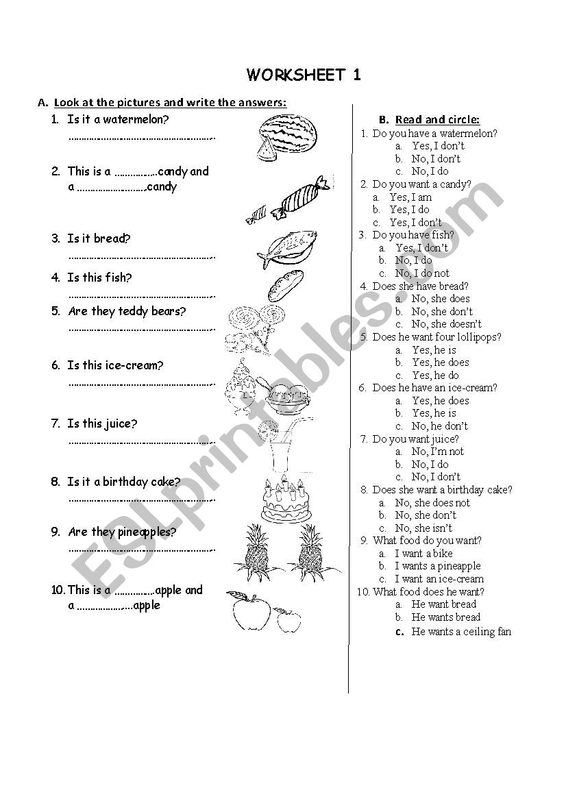 food 1 worksheet