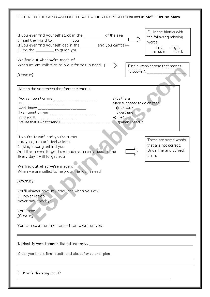 count on me Bruno Marchs worksheet