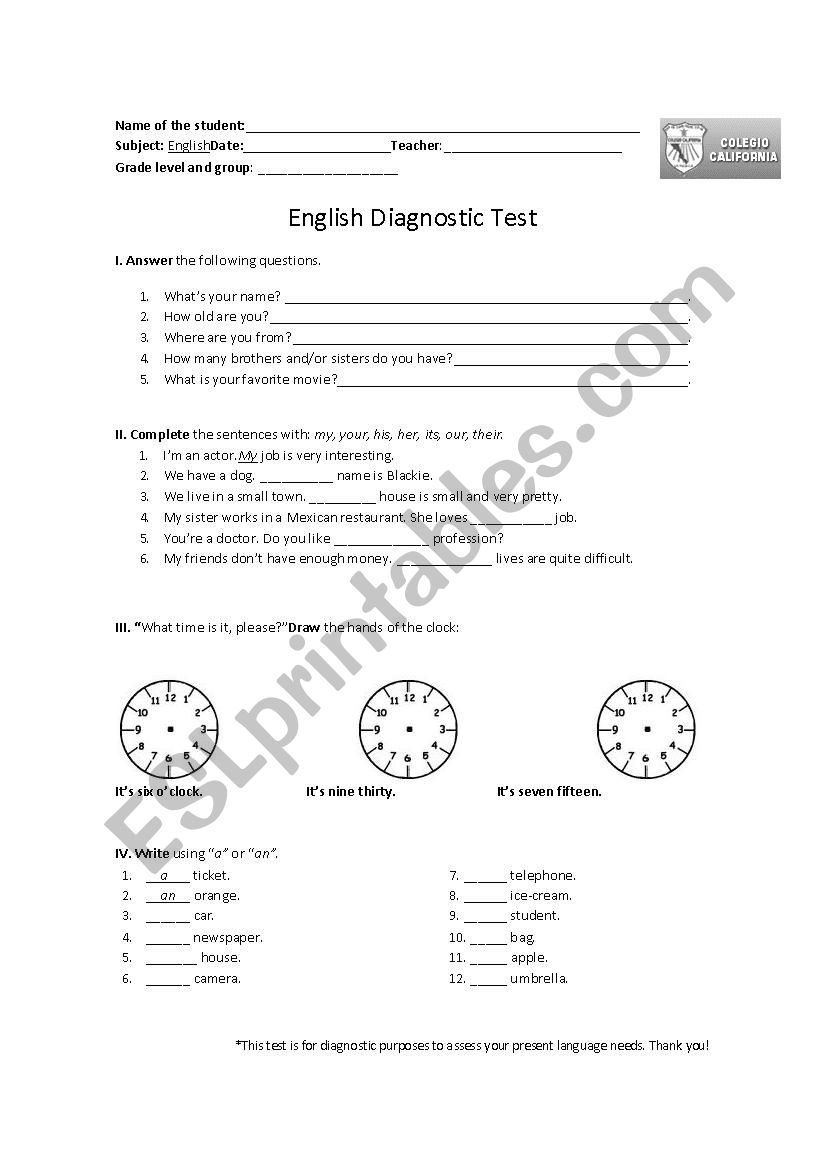 English Diagnostic Test worksheet