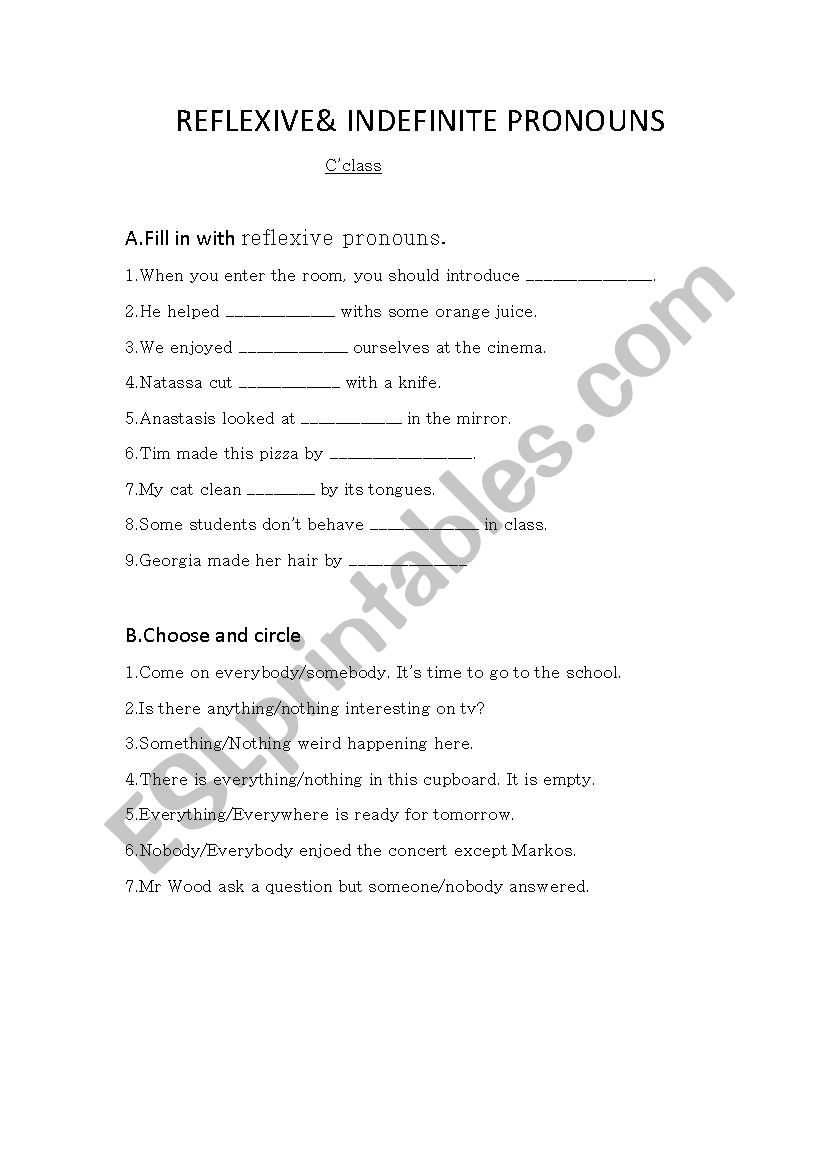 Reflexive Indefinite Pronouns ESL Worksheet By Ge ia