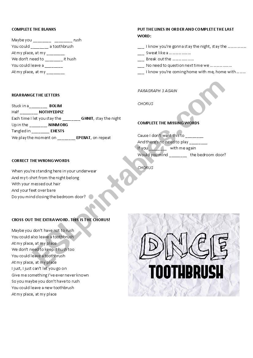 Toothbrush - DNCE worksheet
