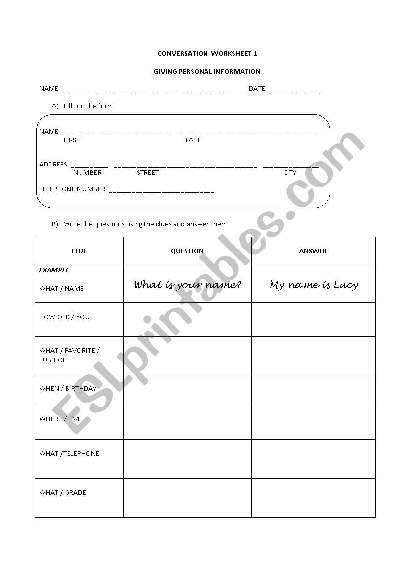 Giving personal information worksheet