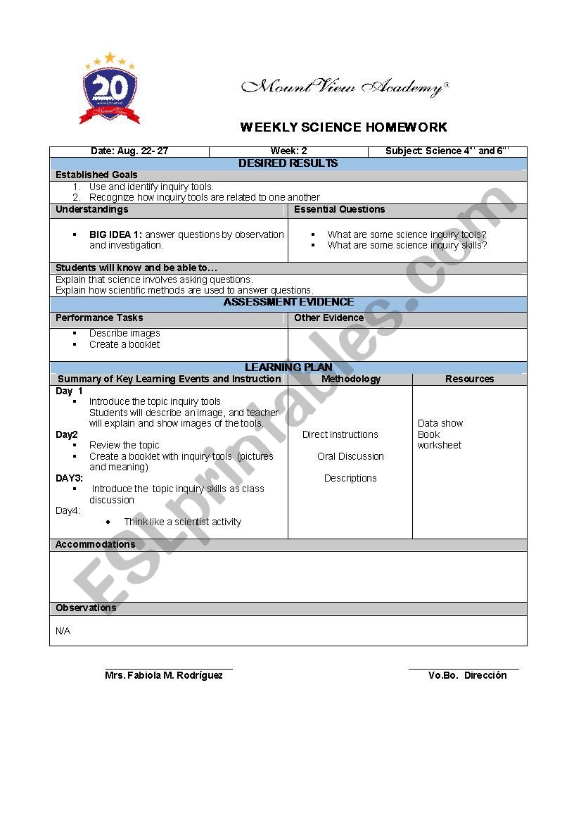 plans science tools worksheet