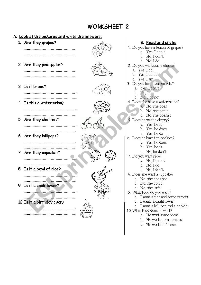 food 2 worksheet