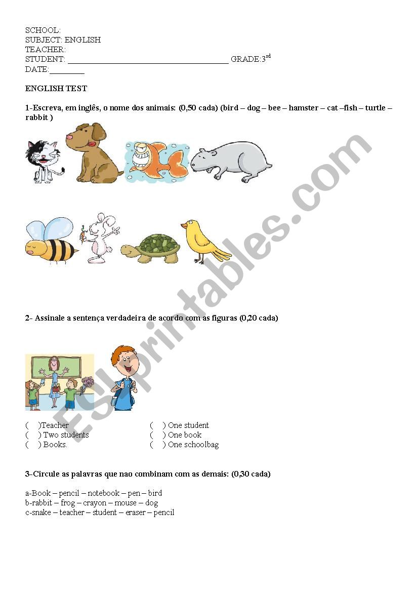 English Assessment worksheet