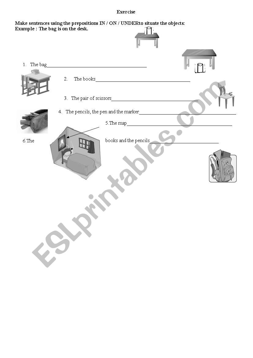 place prepositions in on under