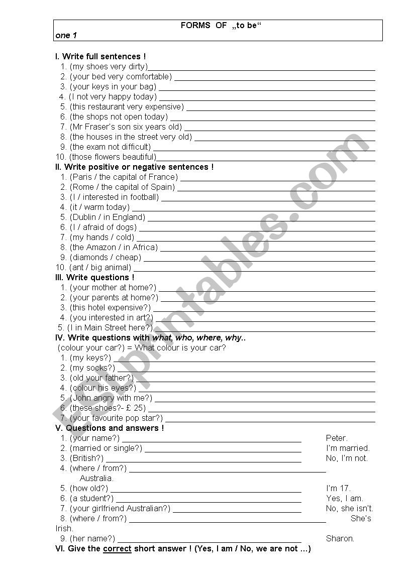 Forms of to be worksheet