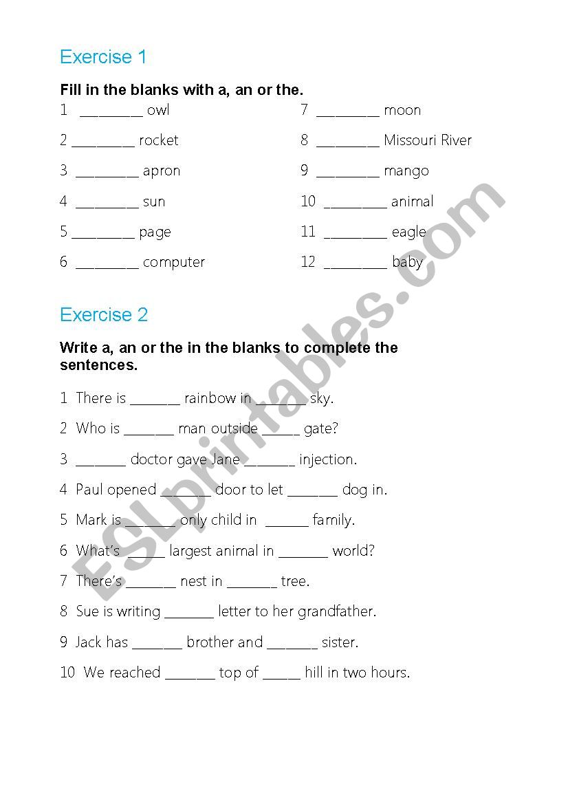 Articles worksheet