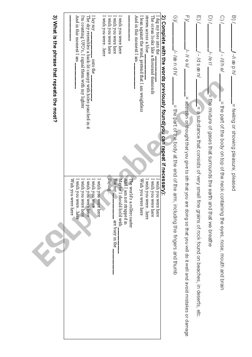 Wish You Were Here Fill in the Gaps - ESL worksheet by Skeptik_Atheist