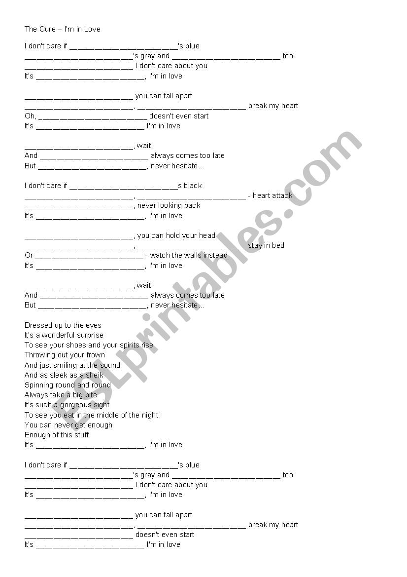 The Cure  Im in Love worksheet