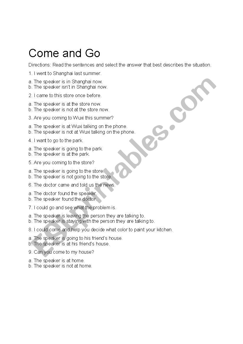 Come and Go Exercises worksheet