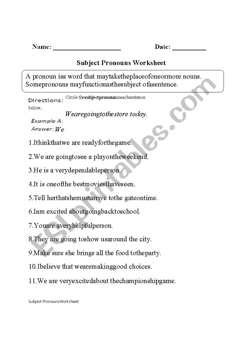 subject pronouns worksheet