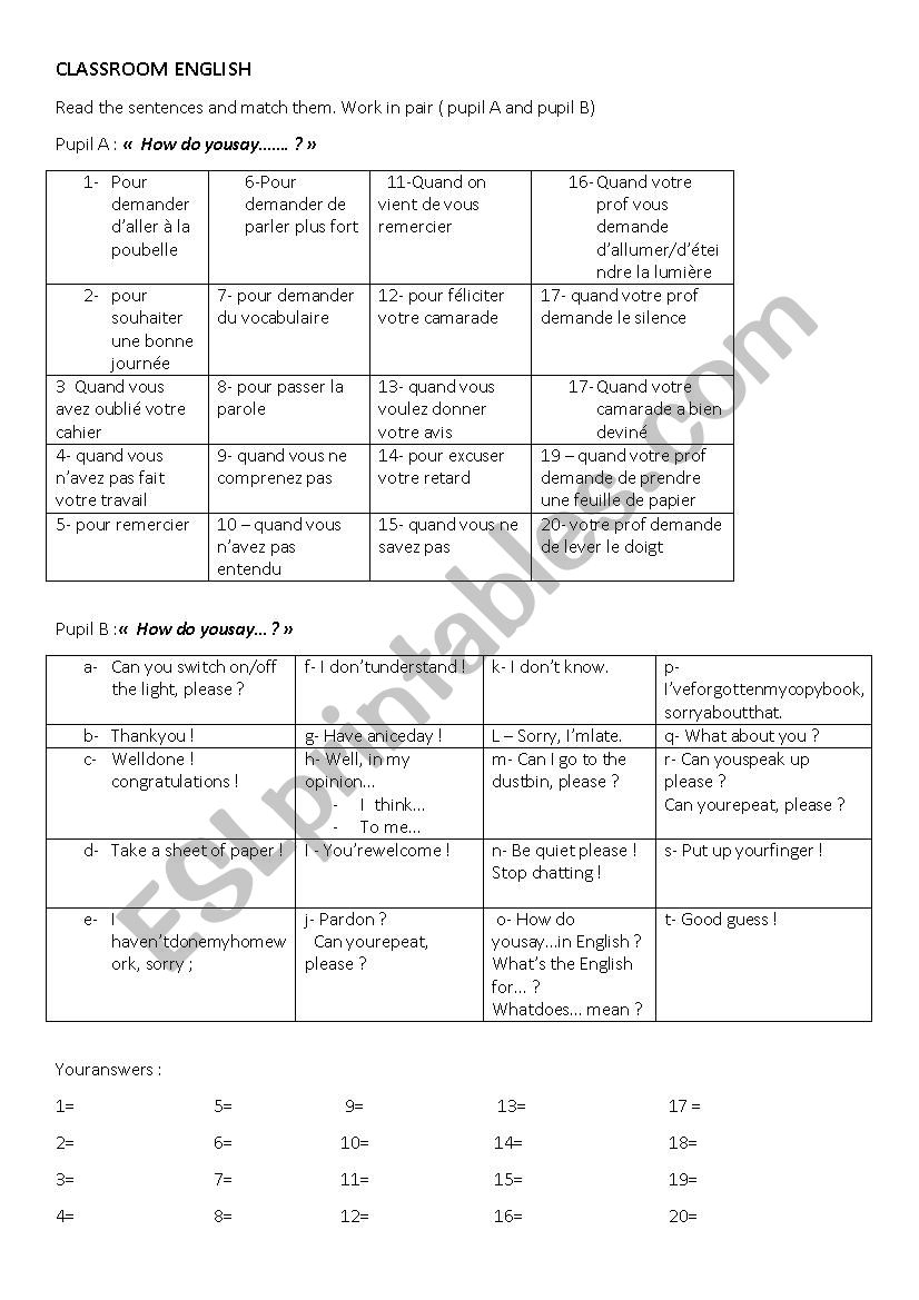 Classroom English pair work activity