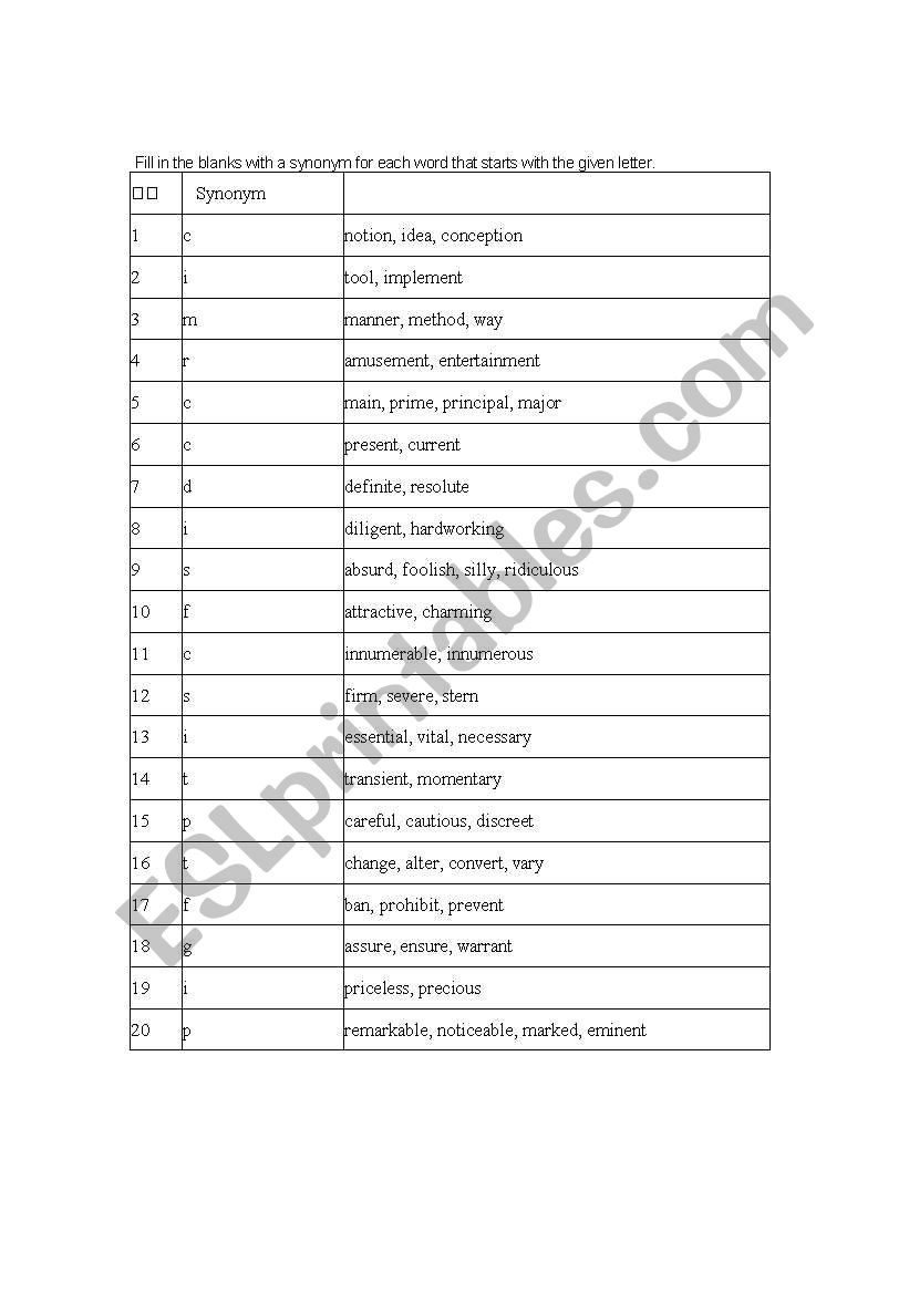 Synonym worksheet