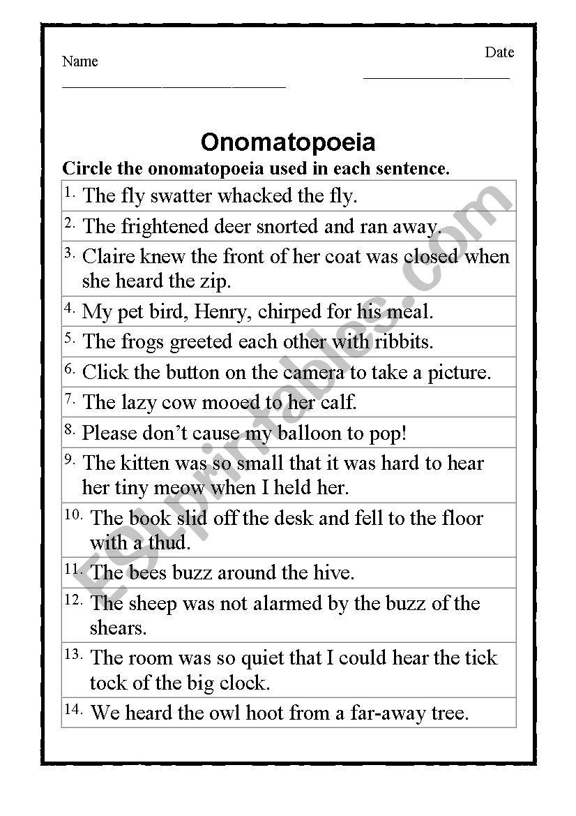 worksheets 4th grade onomatopoeia examples