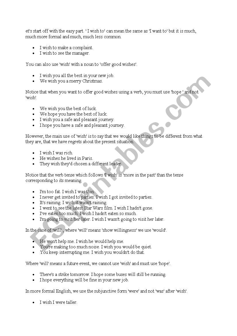 WISH AND HOPE worksheet